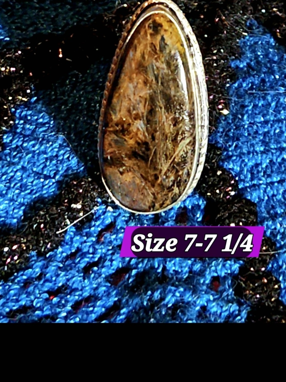 Teardrop Rutilated Stone Ring in Silver-Tone Bezel